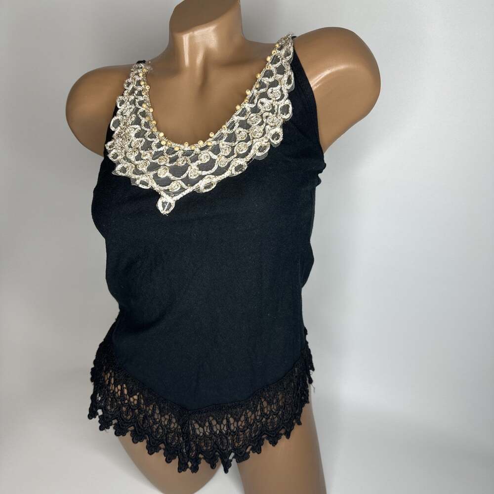 Y2K Black Sequin Lace Trim Camisole XS/S McBling Coquette Babydoll Club Top
